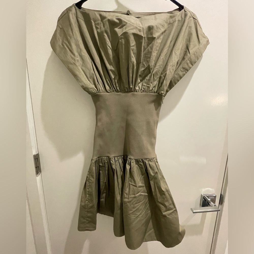 Rib Mix Shirting Mini Dress in Olive Green by Helsa